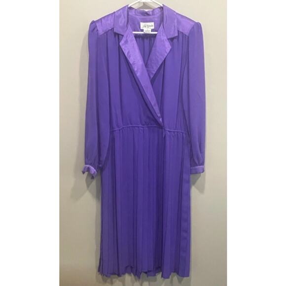 Vintage Joy Gordon Pleated Dress Elegant V Neck A Line Midi Dress Women's Sz 16 - Picture 1 of 11
